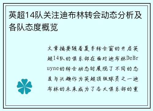 英超14队关注迪布林转会动态分析及各队态度概览